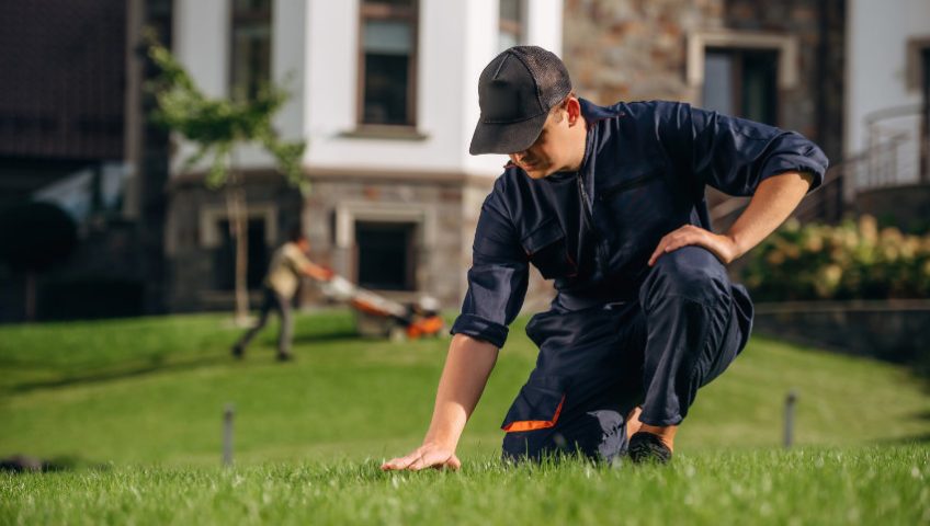 irrigation professional inspecting lawn